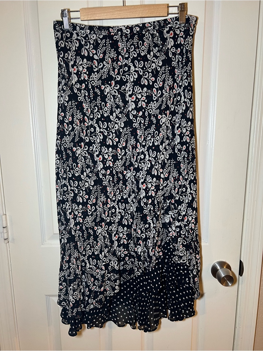 Indira Black Floral Rayon Midi Skirt Polka Dot Ruffle Hem Pull-On Size M